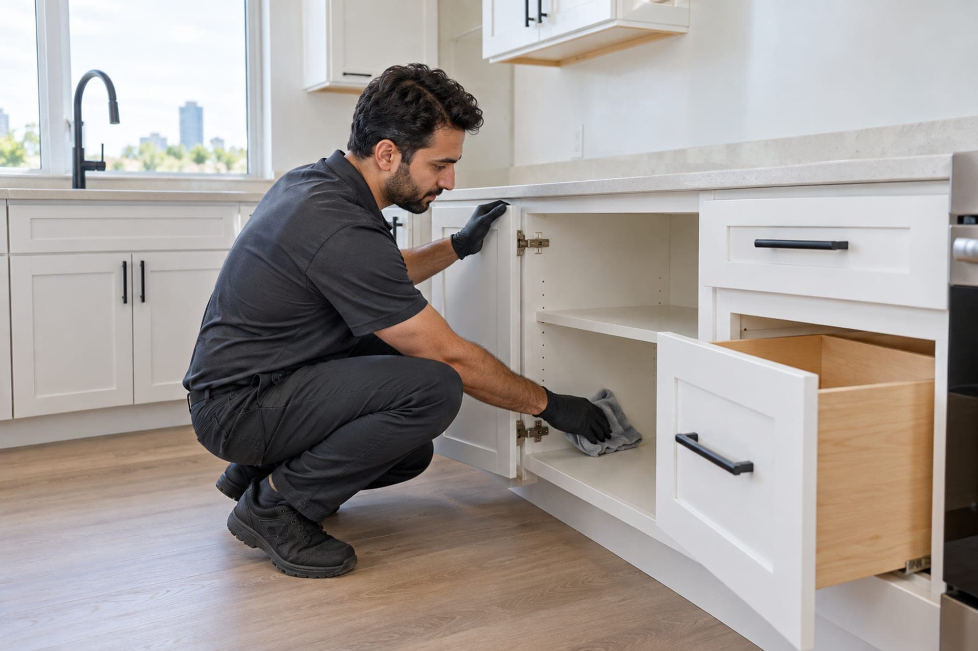 Man cleaning inside empty kitchen cabinets during an apartment turnover