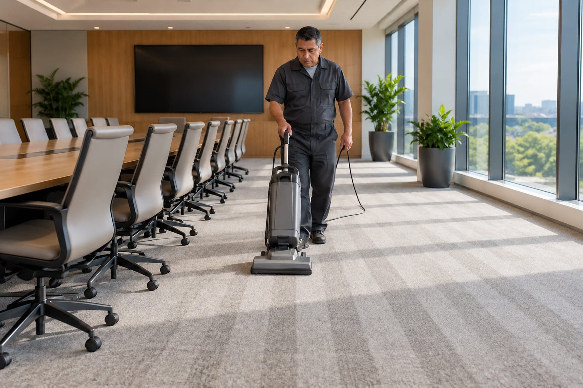Man vacuuming the carpet in an empty corporate conference room