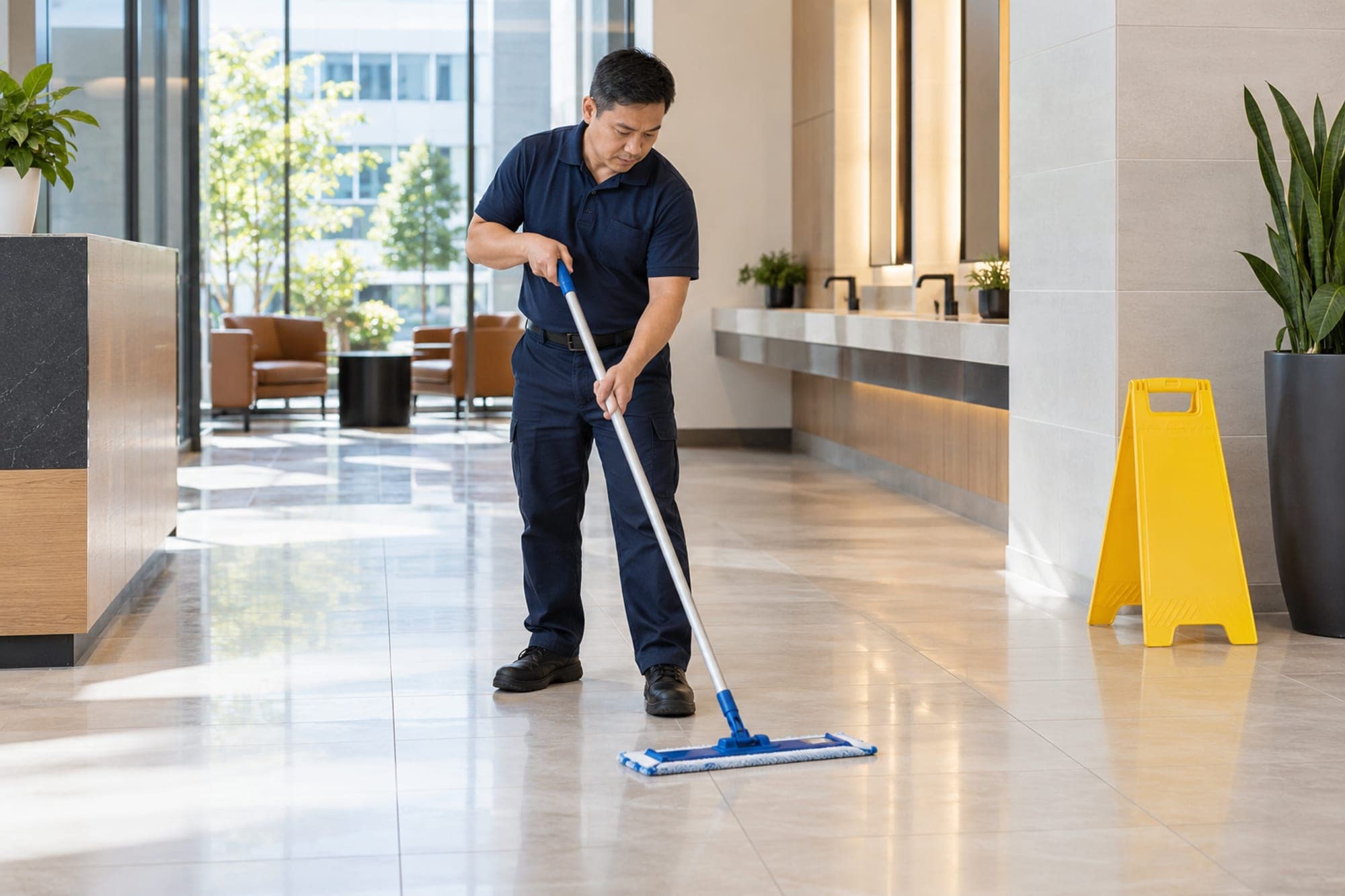 Man mopping a porcelain tile floor with a flat microfiber mop