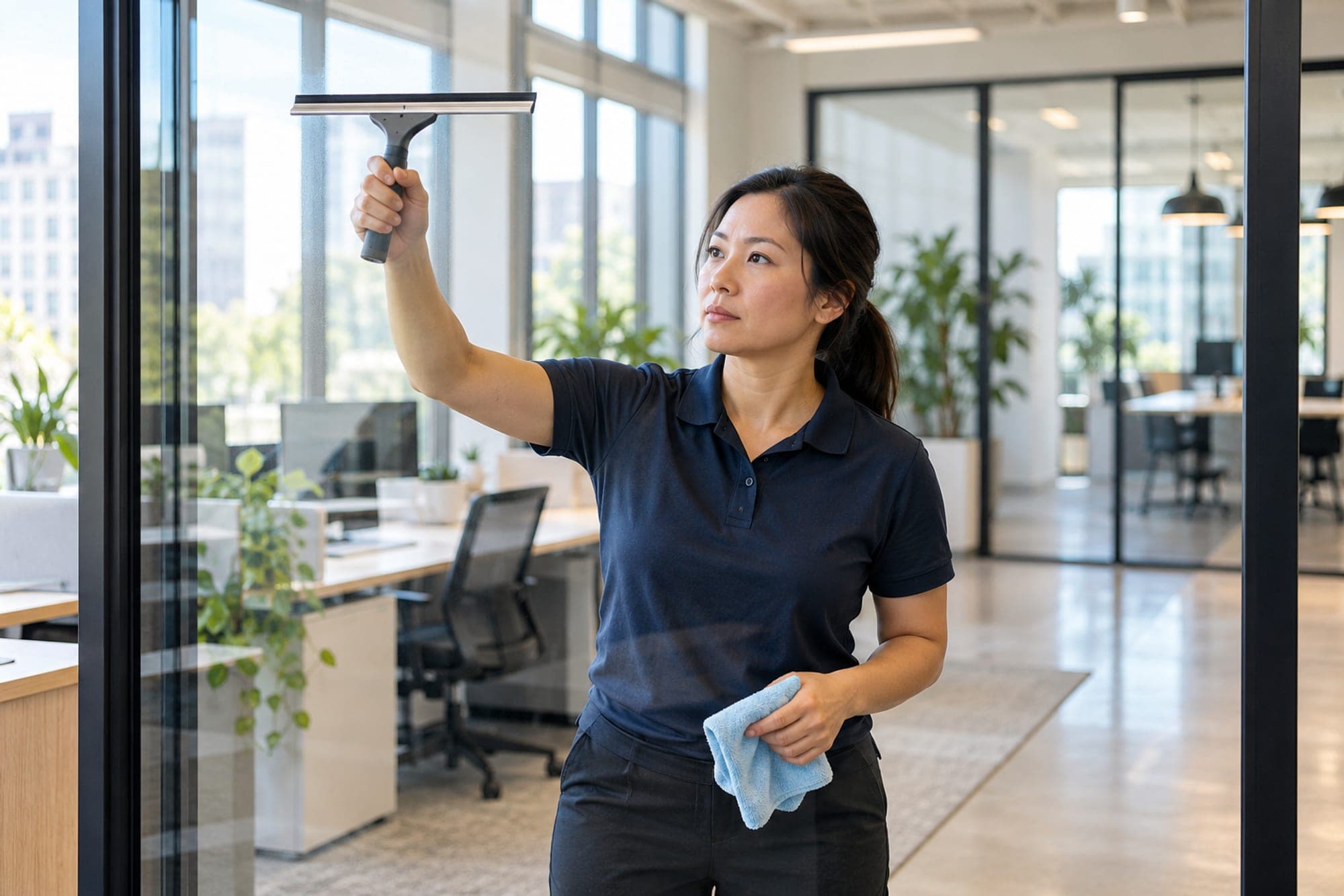 Woman cleaning a glass office partition with a squeegee