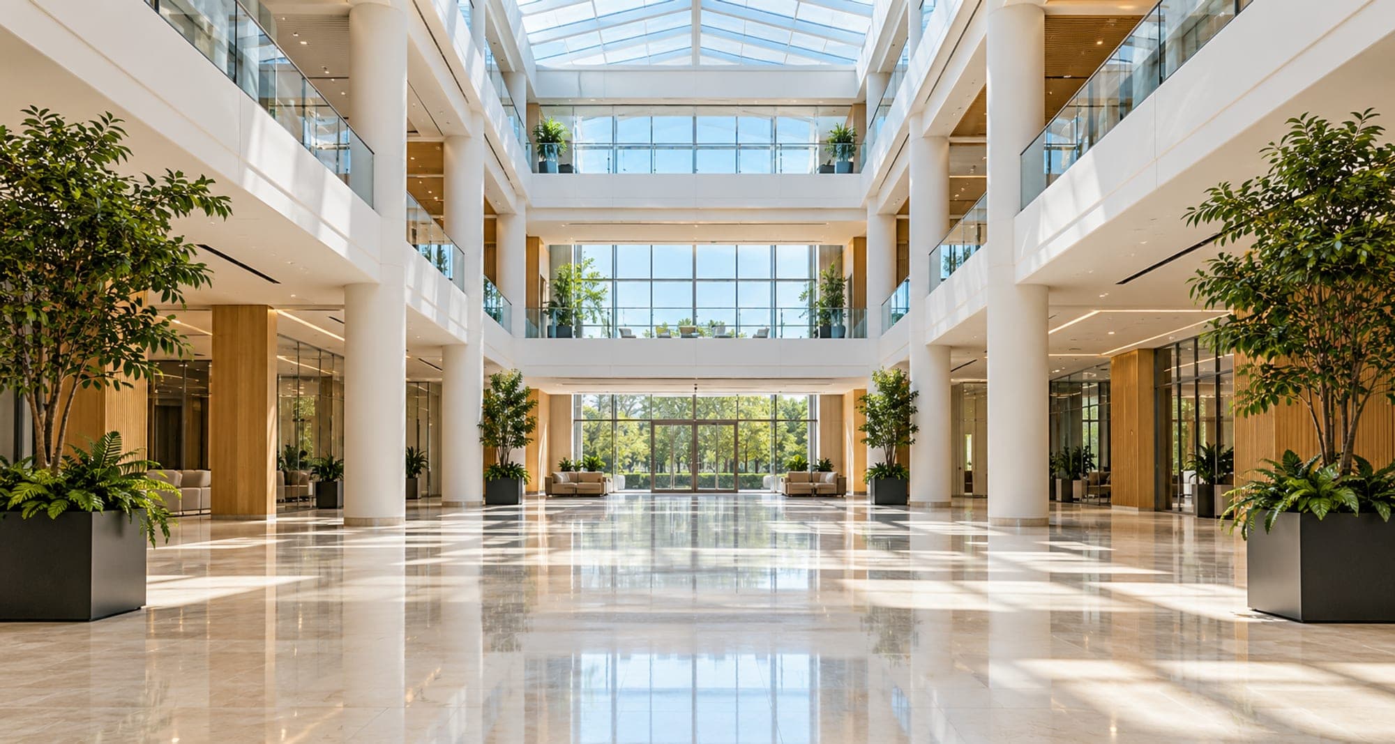 Bright commercial atrium with white columns and tall windows